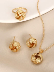 4pcs Twisted Design Jewelry Set - Minimalist Geometric Metal Necklace, Earrings, Ring Set - one-size - View 2