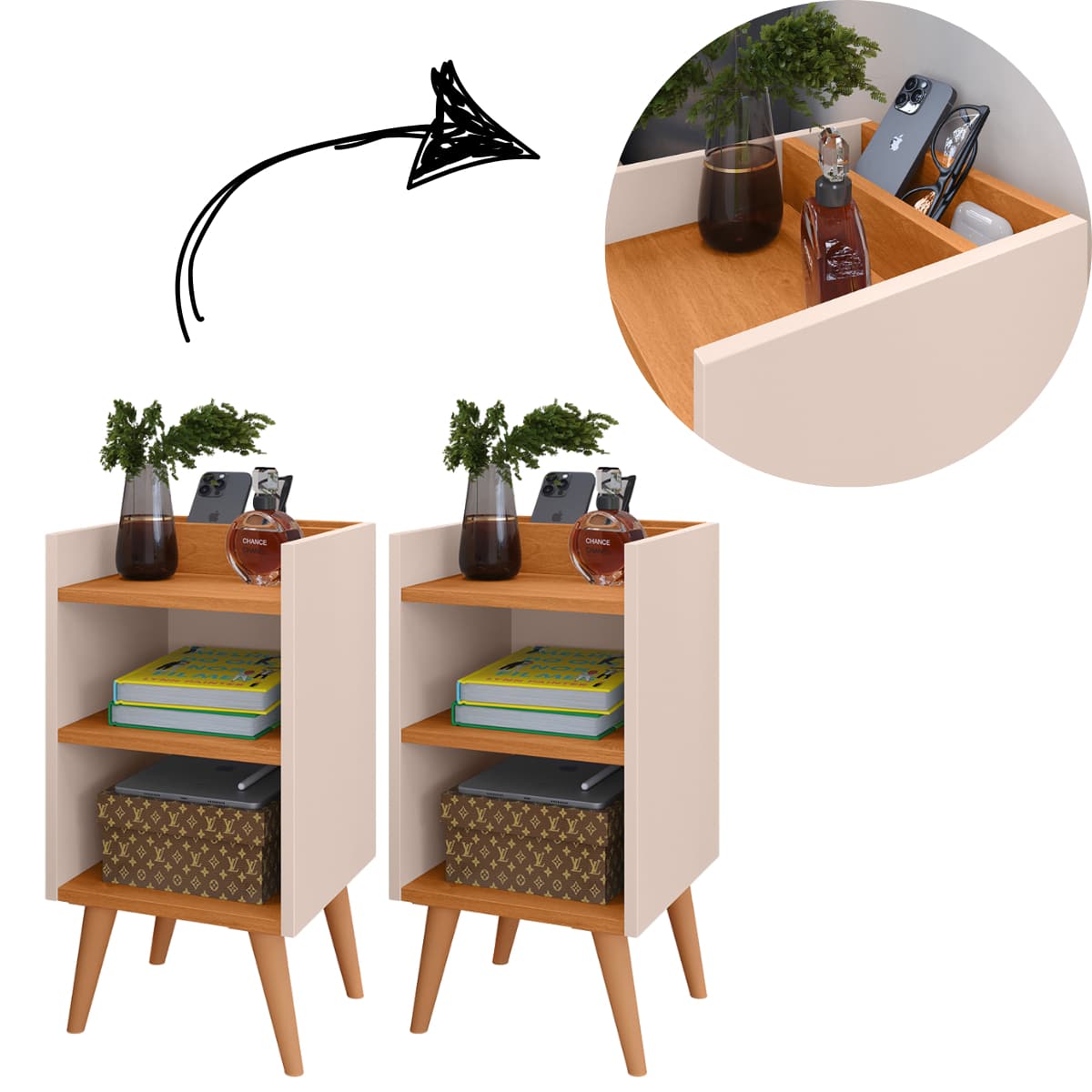 Kit With 2 Bedside Tables With Retro Legs And Compact Max Cell Phone Holder - Beis - Ver 1