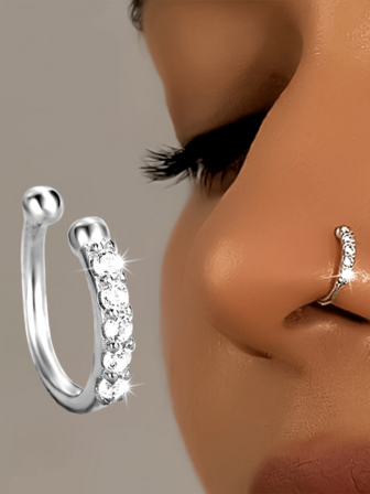 1 件 925 纯银 U 型镶嵌合成氧化锆鼻环，无穿孔，适合男女日常派对佩戴，低致敏性珠宝