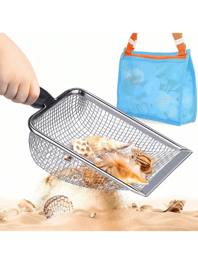 1pc Stainless Steel Beach Sifter Shovel With Multipurpose Mesh Filter - Garden Soil Sieve With Handle - Garden Sifter, Beach Sieve Shovel For Seashell, Shark Tooth Screening, Ideal For Sand, Rocks, Dirt, Compost - Perfect For Gardening Use