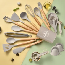 36pcs/Set Wooden Handle Silicone Cooking Utensil Set, Spatula, Soup Ladle, Scraper, Food Tongs, Whisk, Measuring Cup & Spoon - Measure Liquids & Powders, Heat Resistant Gripper, Protect Hands, Hang-Able, Cooking Tool Kit, Kitchen Gadgets Set, Non-Stick Cookware Set, Washable Modern Kitchenware, Kitchen Cooking Supplies, Kitchen Essentials - Multicolor - View 9