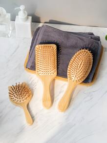 1 pieza Peine de bambú, de manejo sencillo, con dientes redondos de bambú, masajeador cabelludo, no dañino para el cabello, peine para el peinado de cabello largo para mujer, cepillo con cojín de goma, regalo
