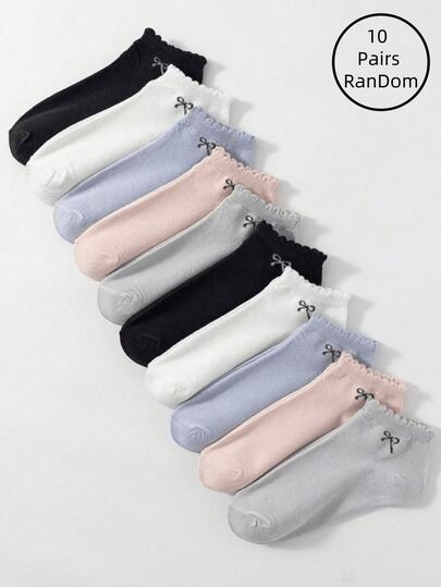 1/10 双装 女士纯色蝴蝶结蕾丝边短袜 圣诞礼物