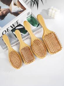 1 pieza Peine de bambú, de manejo sencillo, con dientes redondos de bambú, masajeador cabelludo, no dañino para el cabello, peine para el peinado de cabello largo para mujer, cepillo con cojín de goma, regalo