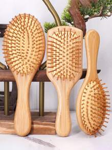 1 pieza Peine de bambú, de manejo sencillo, con dientes redondos de bambú, masajeador cabelludo, no dañino para el cabello, peine para el peinado de cabello largo para mujer, cepillo con cojín de goma, regalo