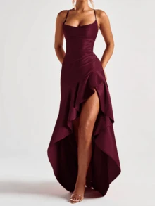 WOWDARK Summer Dress, Wine Red, Fashion Square Neck Ruffle Tie-Back Elegant Party Dress For Women, Suitable For Valentine's Day, Dates, Gatherings, Parties, Travel, Vacation, Beach - Burgundy - View 6