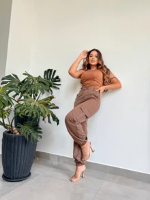 Women's Tailored Cargo Jogger Pants Simple Casual Side Pocket Fashion - Rỉ Nâu - Xem 4