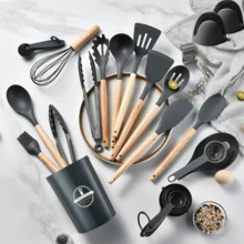 36pcs/Set Wooden Handle Silicone Cooking Utensil Set, Spatula, Soup Ladle, Scraper, Food Tongs, Whisk, Measuring Cup & Spoon - Measure Liquids & Powders, Heat Resistant Gripper, Protect Hands, Hang-Able, Cooking Tool Kit, Kitchen Gadgets Set, Non-Stick Cookware Set, Washable Modern Kitchenware, Kitchen Cooking Supplies, Kitchen Essentials - Multicolor - View 1