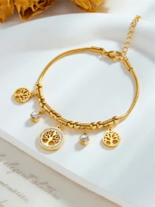 1pc Elegant Stainless Steel Hollow Life Tree Rhinestone Decor Pendant Bracelet For Women, Fashionable Multi-Functional Design, Suitable For Daily Wear - View 3
