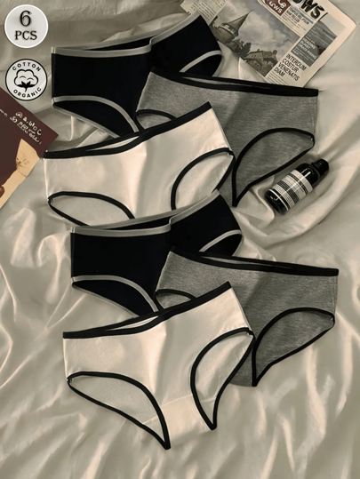 6pcs Women's Colorful Sports Minimalist Style Underwear, Mid Rise Black White Gray Triangle Panties