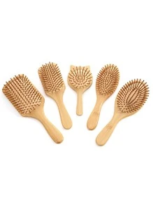 1 pieza Peine de bambú, de manejo sencillo, con dientes redondos de bambú, masajeador cabelludo, no dañino para el cabello, peine para el peinado de cabello largo para mujer, cepillo con cojín de goma, regalo