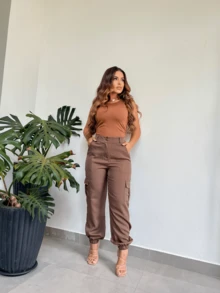 Women's Tailored Cargo Jogger Pants Simple Casual Side Pocket Fashion - Rỉ Nâu - Xem 5