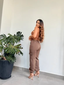 Women's Tailored Cargo Jogger Pants Simple Casual Side Pocket Fashion - Rỉ Nâu - Xem 3