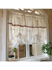 1pc Cream Striped Sheer Curtain With Rod Pocket - Creamy White - View 1