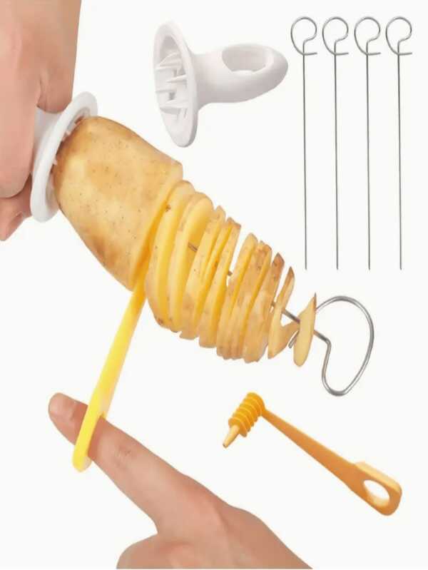 6 Stücke Set multifunktionaler spiralförmiger Kartoffelschneider, manueller Edelstahl Tornado Twister Gemüseschneider für Grillen, Camping Küchenzubehör, ohne Feuerstein oder Magnesiumstab