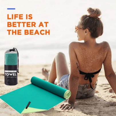Double-Sided Different Color (Dark Green + Light Green) Absorvent Microfiber Beach & Swimming Quick Drying Towel, Soft Double-Sided Plush Fast Drying Beach Towel, Portable Yoga Fitness Sports Towel, Beach Essentials, Beach Accessories, Pool Float