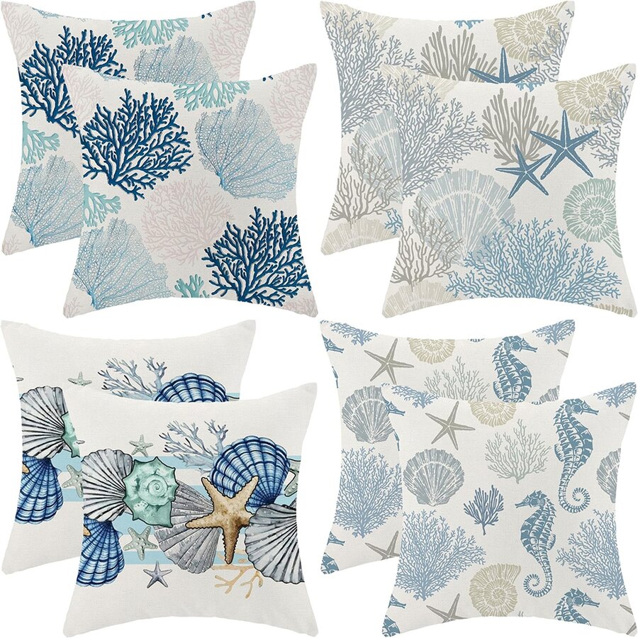 2 件套海星海马珊瑚贝壳海岸枕套，航海海滩夏季海洋枕套，客厅卧室椅垫家居装饰 - 彩色 - 查看 1