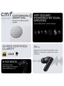 CMF By Nothing Buds Pro 2 Gris claro, Hasta 43 horas de reproducción de música Gris oscuro, Rango de frecuencia de 5000Hz con ANC inteligente, Conexión dual, Tecnología de voz clara 2.0, Reducción de ruido del viento 2.0, Certificado Hi-RES, Sonido cinemático 360°, Bluetooth 5.3, Integración de ChatGPT, Emparejamiento rápido - Gris Claro - Ver 4