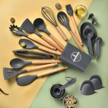 36pcs/Set Wooden Handle Silicone Cooking Utensil Set, Spatula, Soup Ladle, Scraper, Food Tongs, Whisk, Measuring Cup & Spoon - Measure Liquids & Powders, Heat Resistant Gripper, Protect Hands, Hang-Able, Cooking Tool Kit, Kitchen Gadgets Set, Non-Stick Cookware Set, Washable Modern Kitchenware, Kitchen Cooking Supplies, Kitchen Essentials - Multicolor - View 12