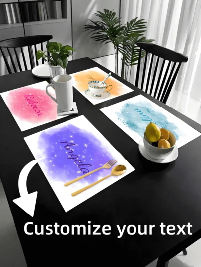 1 pieza Tapete personalizable con texto sobre fondo teñido, tapete cuadrado de lino teñido brillante y colorido, antideslizante y resistente al calor para decoración de cocina y mesa de comedor