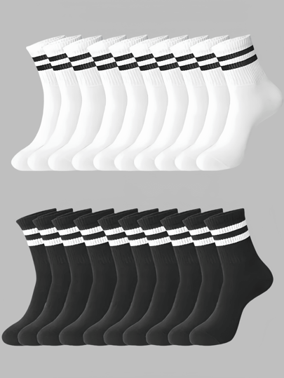 3/5/10/15/20 Pairs Of Striped Mid-Calf Socks, Crew Socks, Comfortable And Breathable, Men's And Women's Long Socks, White Socks, Suitable For Daily, Sports, Fall