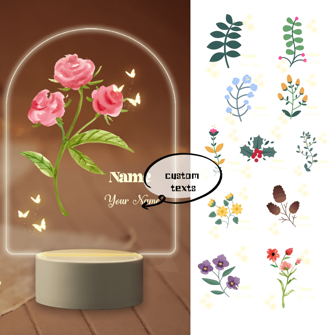 1 pièce de support de lampe d'affichage photo en acrylique personnalisable avec texte/nom, forme ovale, thèmes rose, feuille, pomme de pin, lampe de piédestal en acrylique plastique créative chaleureuse et romantique, cadeau d'anniversaire, d'anniversaire de mariage, de remise des diplômes pour la famille, les amis, la mère, le père, les grands-parents, la fille, la petite amie, l'épouse