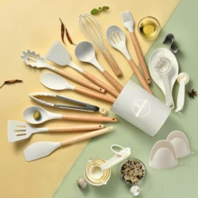 36pcs/Set Wooden Handle Silicone Cooking Utensil Set, Spatula, Soup Ladle, Scraper, Food Tongs, Whisk, Measuring Cup & Spoon - Measure Liquids & Powders, Heat Resistant Gripper, Protect Hands, Hang-Able, Cooking Tool Kit, Kitchen Gadgets Set, Non-Stick Cookware Set, Washable Modern Kitchenware, Kitchen Cooking Supplies, Kitchen Essentials - Multicolor - View 10