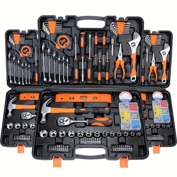 Juego de 46 piezas de herramientas de reparación multifuncional para automóviles, incluye un juego de llaves de trinquete con dados, accionamiento de 1/4", extensiones de acero de cromo vanadio, adecuado para el mantenimiento del automóvil y uso doméstico - Estructura de acero