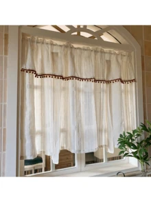 1pc Cream Striped Sheer Curtain With Rod Pocket - Creamy White - View 4