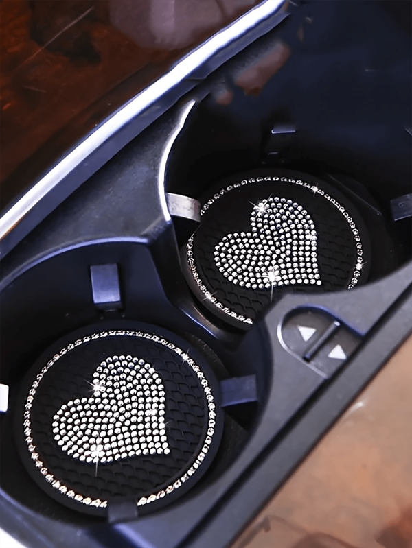 Rhinestone Heart Decor Car Coaster,Packs Bling Car Cup Holder Coaster,