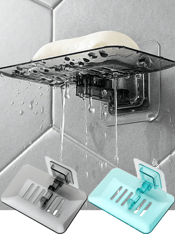 1pc Punch-Free Adhesive Soap Holder With Slotted Drain, Wall Mount Soap Case For Bathroom Sink And Shower, Efficient Water Draining Soap Bar Tray, Easy To Attach Strong Suction Soap Dish, Contemporary Design Soap Organizer, Durable And Practical Bathroom Accessory. Back To School