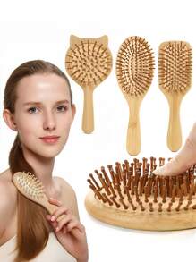 1 pieza Peine de bambú, de manejo sencillo, con dientes redondos de bambú, masajeador cabelludo, no dañino para el cabello, peine para el peinado de cabello largo para mujer, cepillo con cojín de goma, regalo
