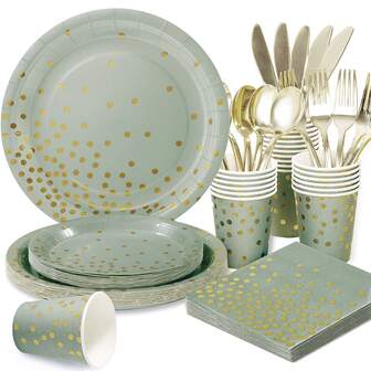24pcs Gold Foil Sage Green Party Supplies Set, Including 7/9 Inch Paper Plates, Napkins, Cups, Suitable For Birthday Party, Family Gathering, Outdoor Picnic, Wedding And Engagement Ceremony Decorations