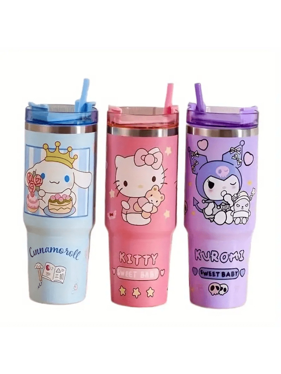 Sanrio 1 件    保温杯 - 30 盎司 900 毫升 不锈钢带吸管，便携防漏，适合旅行、运动、健身 | 可爱肉桂卷和  图案真空车载杯大容量保冷杯冰王杯，旅行或露营的理想礼物， 粉丝必备水瓶