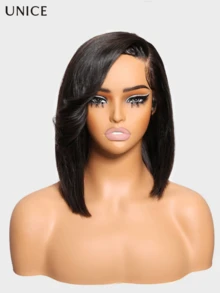 UNice 4x4 Lace Closure Black Bob Wig With Side Swept Bangs 12 Inches Short Bob Wig Human Hair Lace Glueless Wigs Human Hair Pre Plucked Bleached Knots Pre Cut Lace Ready To Wear Wig 150% Density - SNatural - 查看 5