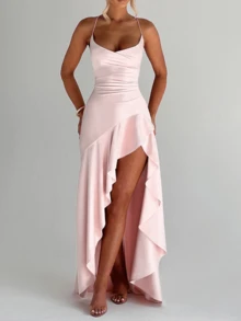 WOWDARK Sommerkleid, pinkes Outfit für Valentinstag, modisches Kleid mit quadratischem Ausschnitt, Rüschen, Schleife am Rücken und Volant-Saum, elegant für Valentinstag, Dates, Zusammenkünfte, Partys, Reisen, Urlaub, Strand - Pink - Übersicht 9