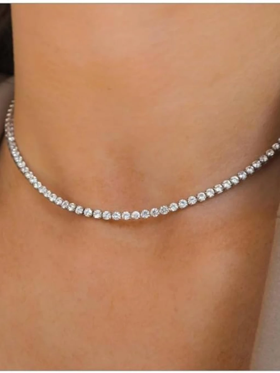 1 Peça Colar de Tênis Prateado com Strass Delicado, Colar de Corrente de Zircônia Cúbica com Strass para Mulheres