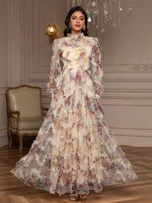 Everly L 翻领灯笼袖荷叶边厚重网眼印花腰部收紧蓬松摇摆长礼服优雅长袖舞会半正式婚礼宾客礼服，适合生日、毕业典礼、返校节 - 香檳色 - 查看 3