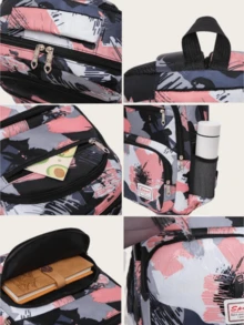 3 件套印刷字母贴片装饰功能性背包，适合女孩、小学、学前班、初中学生背包和手提午餐袋 - 粉色 - 查看 9