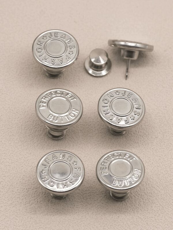 Classic Silver Premium Metal Replacement Jean Button Tack Fasteners Pack, Embossed Fashion Text Detachable Pin Style, DIY Clothing Solution To Adjust Loose Or Tight Waistbands Effortlessly