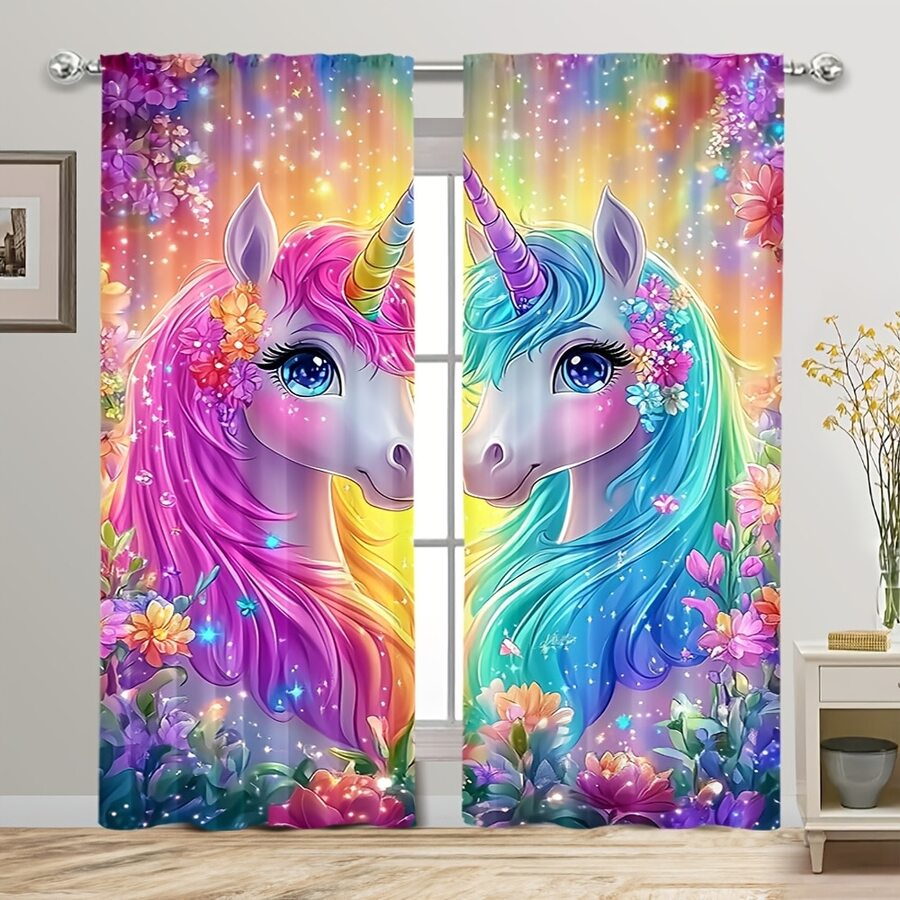 Set de 2 cortinas con estampado de unicornio mágico y flores - Vibrante arcoíris y estrellas brillantes, 100% poliéster, adecuado para dormitorio, sala de estar, decoración del hogar