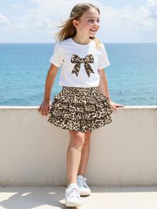 女童青少年蝴蝶印花短袖 T 恤和豹纹蛋糕裙 2 件套，时尚夏季服装 - 白色 - 查看 2