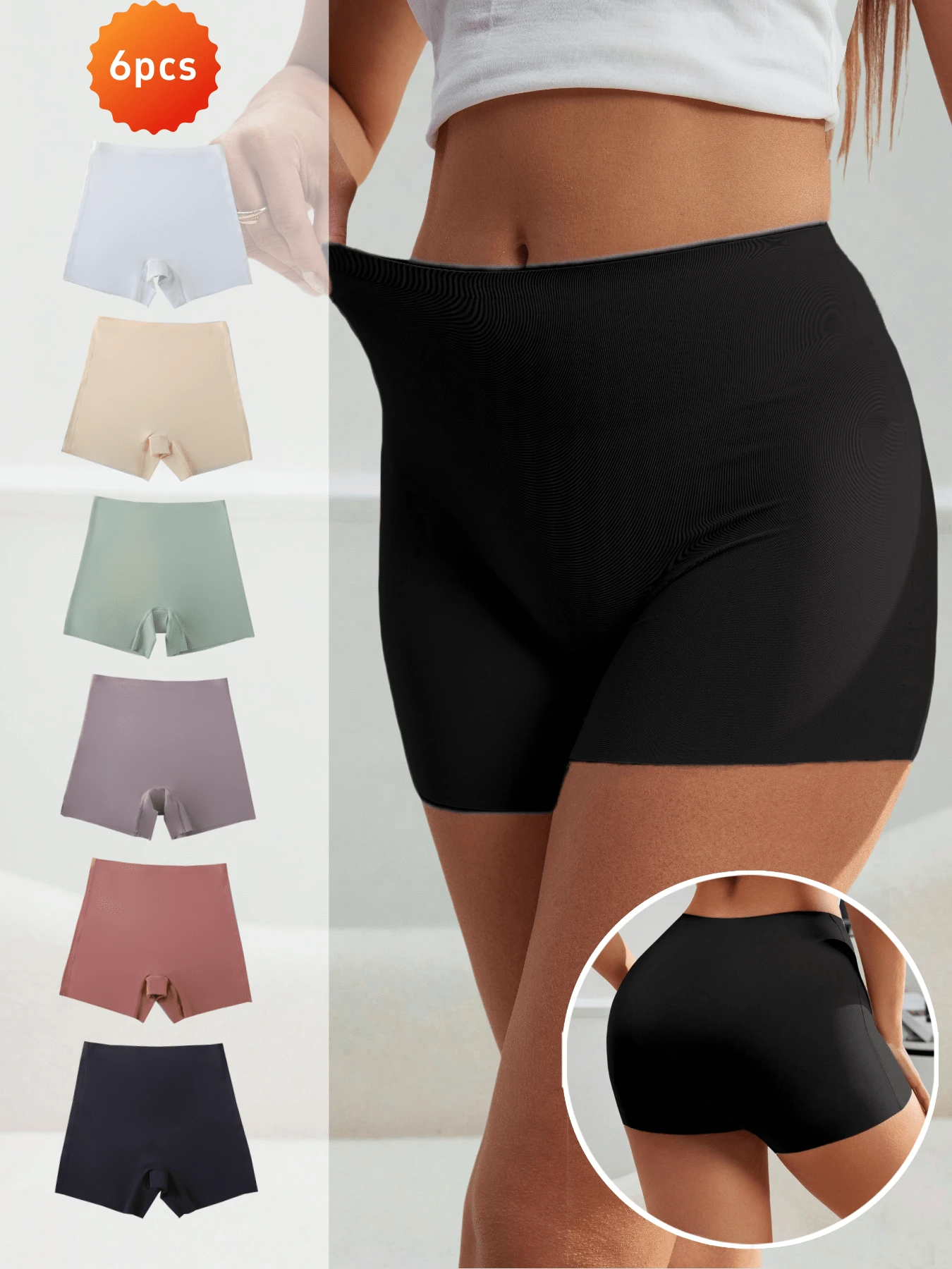 6件套女士无缝冰丝短裤，防走光防卷边设计，中腰内裤，适合搭配紧身裤 - 彩色 - 查看 1