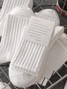 5双秋冬女士中长袜白色运动休闲袜（无纸板） - 白色 - 查看 2