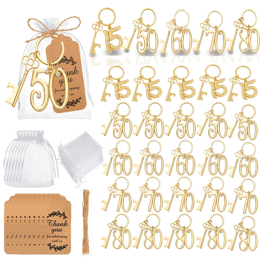 10 Stücke personalisierte Schlüsselanhänger Flaschenöffner Anhänger mit Zahlendesign 15/25/50/60/70/80 (inkl. Segeltuch-Tasche, Kordel und Dankeskarte), geeignet als Geschenke zum 15./25./50./60./70./80. Geburtstag, Jahrestag, Hochzeitsandenken, alltägliche Party-Utensilien, Küchen- und Bar-Zubehör