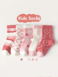 5 Pairs/Set Girls Kids Heart, Flower, Rabbit, Strawberry Cartoon Style Soft Polyester Knit Mid-Calf Long Socks - Multicolor - View 3