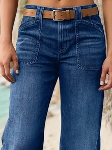 新款女士阔腿牛仔裤，高品质时尚休闲裤，舒适合身，适合所有季节，日常百搭。 - 深色水洗藍 - 查看 4