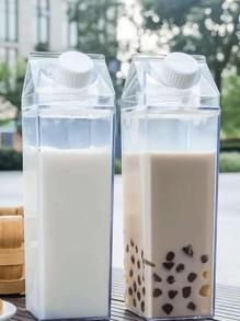 Botella de agua/caja de leche de plástico transparente de 500ml/1000ml - Recipiente portátil y reutilizable para jugo, té y leche - Diseño cuadrado, lavar a mano únicamente