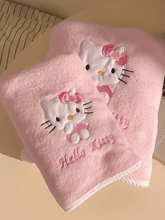  1 pieza Conjunto de toalla de felpa de coral con diseño de gato de dibujos animados de Sanrio Hello Kitty, gorro para secar el cabello, toalla de baño y toalla de mano suave y absorbente. Regalo para el hogar, decoración de baño, decoración de otoño, vuelta al colegio. Toallas para salón de belleza, hotel, deportes, artículos esenciales para el hogar, toalla, cuidado de la piel, toalla para secar el cabello