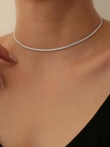 1 Peça Colar de Tênis Prateado com Strass Delicado, Colar de Corrente de Zircônia Cúbica com Strass para Mulheres